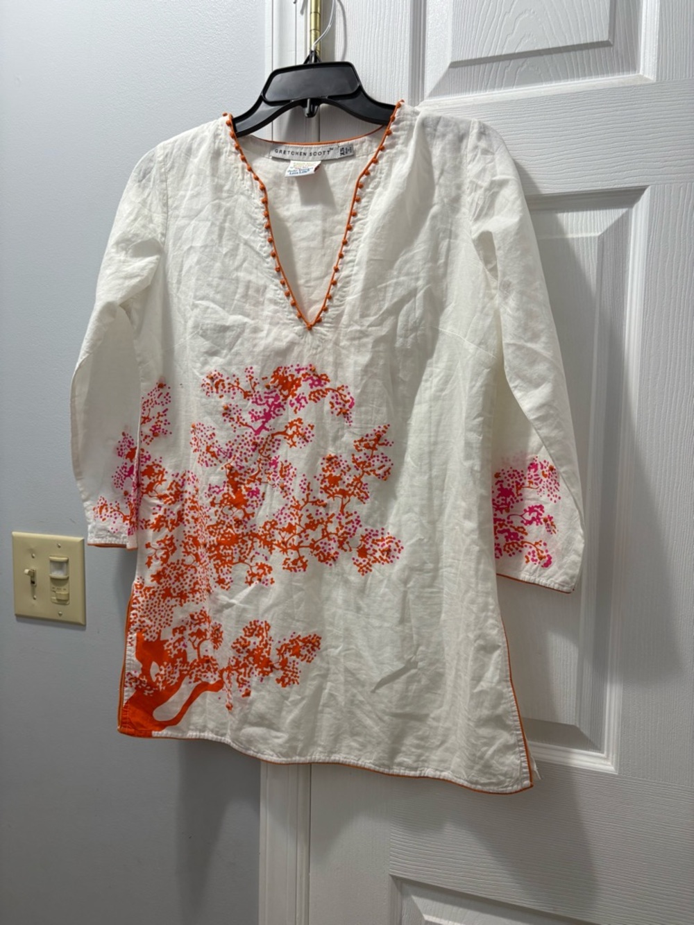 Gretchen Scott White & Orange & Pink Cotton V-Neck Tunic Size XS